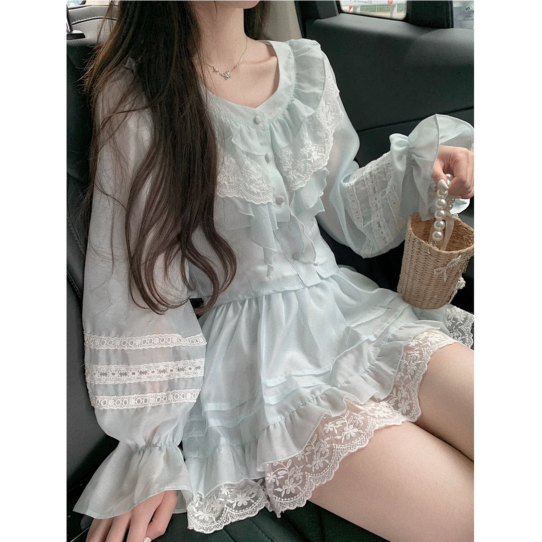 薄荷恋语法式温柔风蕾丝衬衫半身裙两件套2025新款早秋女
