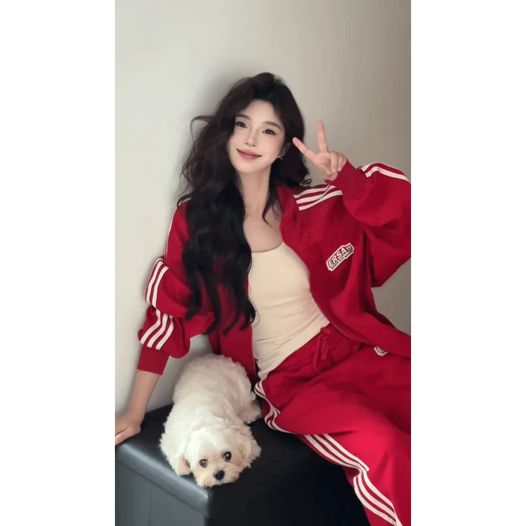 MARIE.COCO韩系休闲运动套装女早秋新款红色条纹外套上衣休闲卫裤