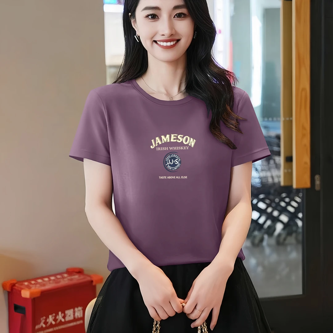 女士洋气短袖宽松大码休闲时尚2025新款夏季潮流圆领印花上衣t恤