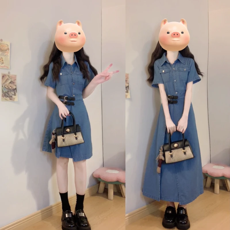 大码女装牛仔假两件连衣裙胖mm夏季新款一片式遮肉收腰显瘦裙子