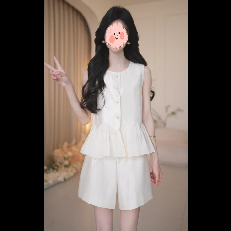 Basic House/百家好无袖小香风气质白色时尚减龄套装