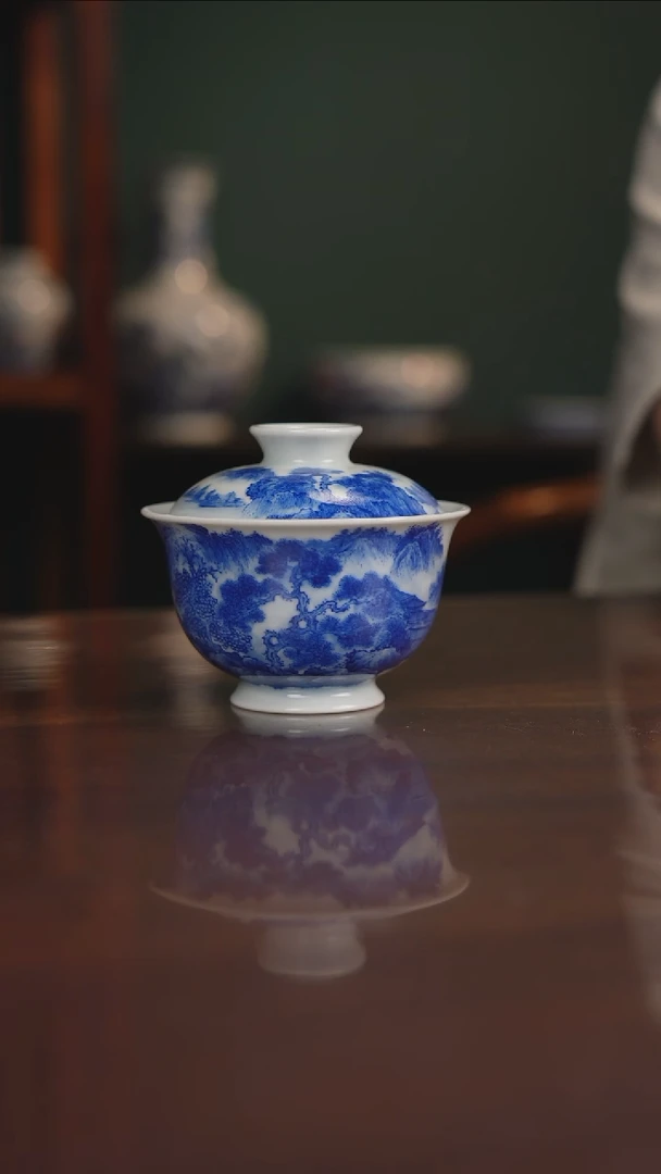 晓月柴窑 山水盖碗