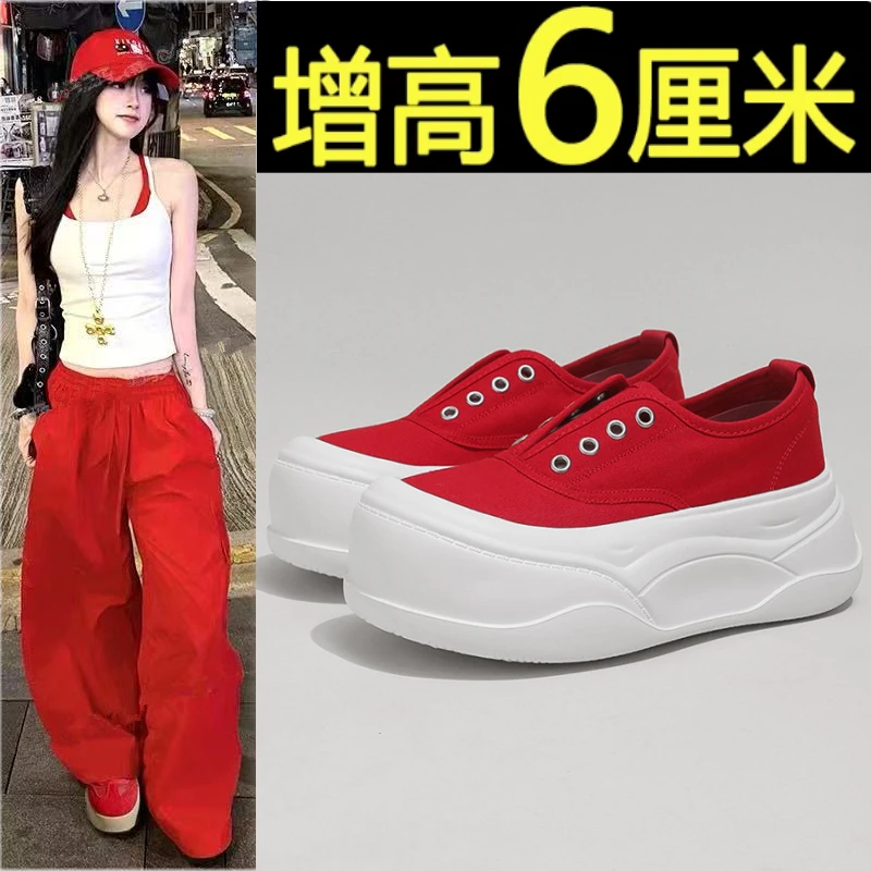 超轻红色帆布鞋女夏季薄款增高6cm厚底鞋2025新款爆款软底休闲鞋