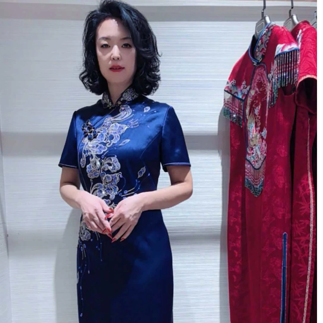 六礼170659紫色侧开叉高端大气喜婆婆喜妈妈的婚宴旗袍礼服