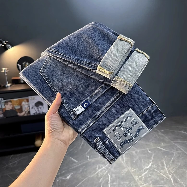 2025夏季薄款弹力水洗潮流牛仔裤男士百搭修身印花直筒男牛仔裤子