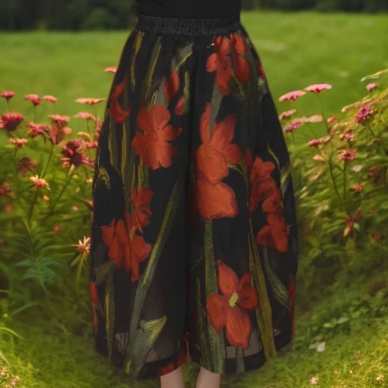 红熹潮（HXC25102花色）夏季新款黑红花卉设计休闲宽松八分花苞裤