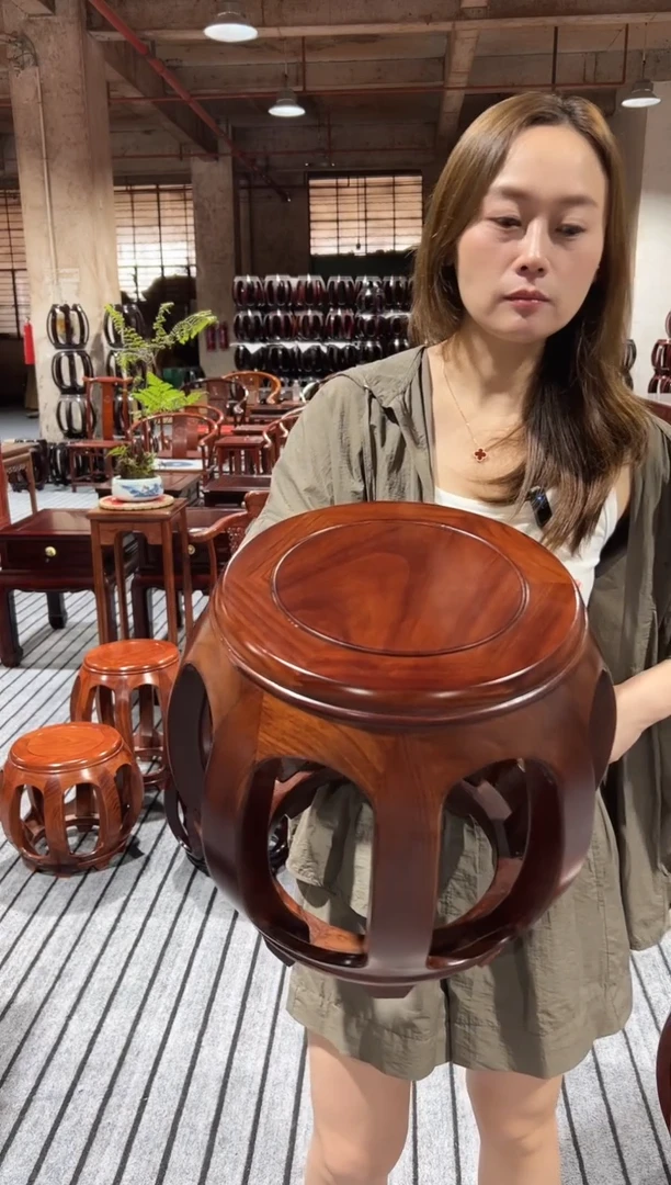 花梨木亚花梨胡桃色小号鼓凳一对