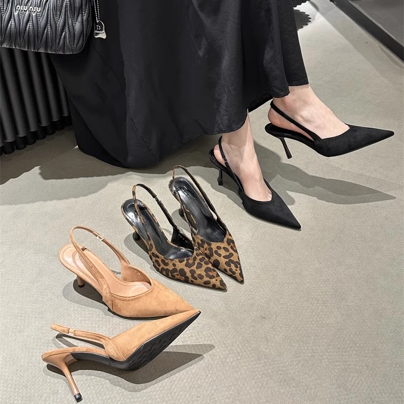 尖头细跟豹纹高跟鞋女2025春夏季新款包头性感黑色气质高级感凉鞋
