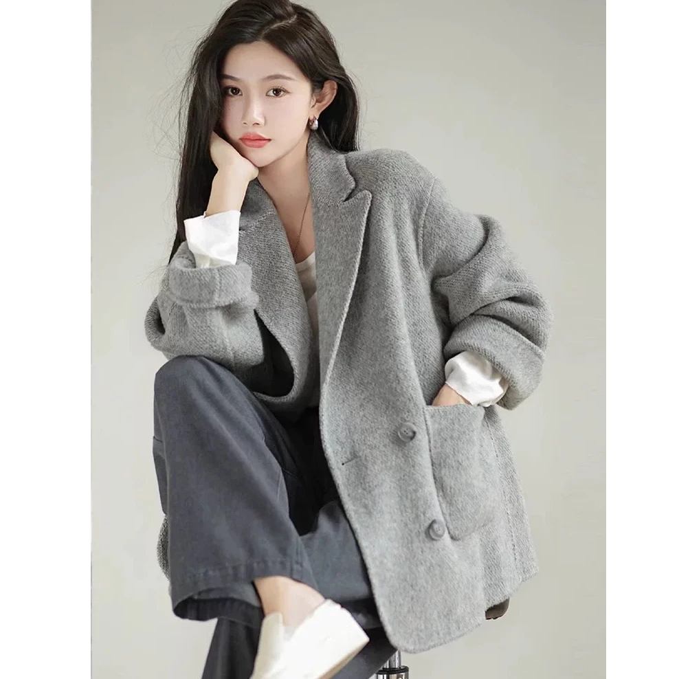 GRONG秋冬新款西装外套女双面羊毛大衣短款小个子高级感羊毛外套