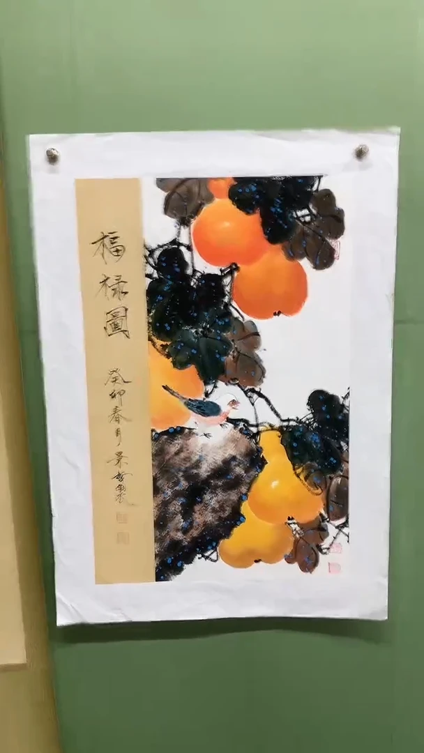 竖款精品开三花鸟，福禄