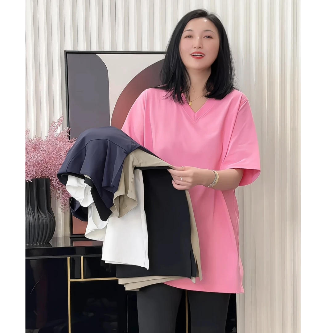 【100棉新款7156棉T】巴瑟大码女装V领宽松显瘦百搭长袖上衣