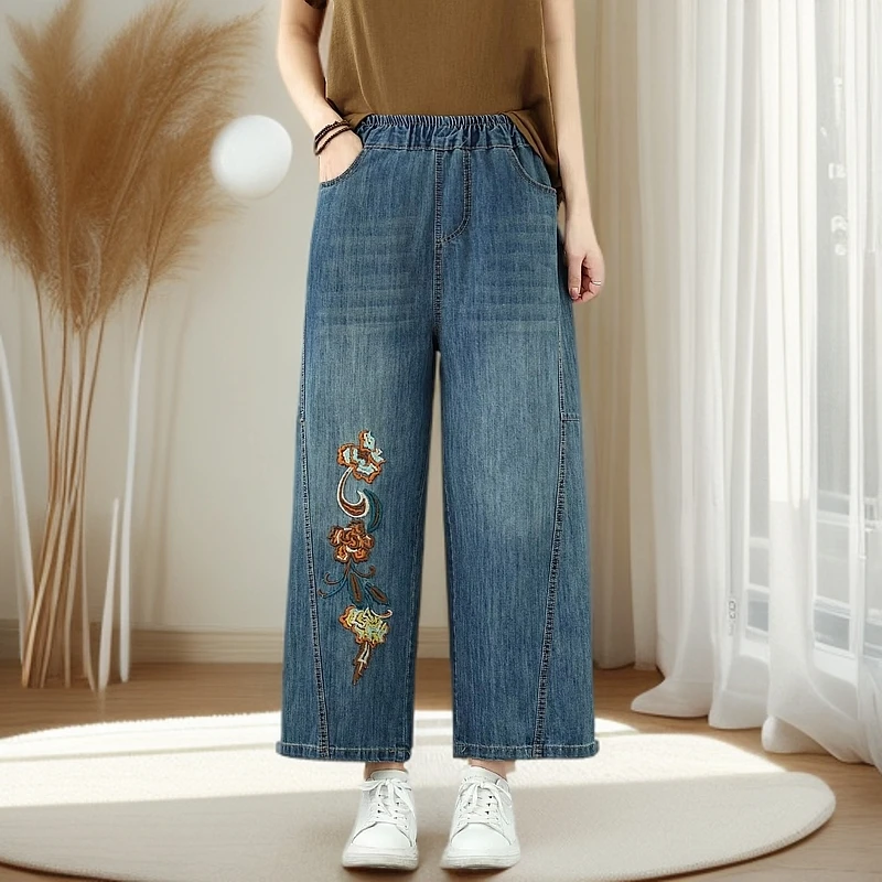 裤子高腰九分遮肉显直牛仔裤夏季女松紧腰牛仔裤刺绣复古8867