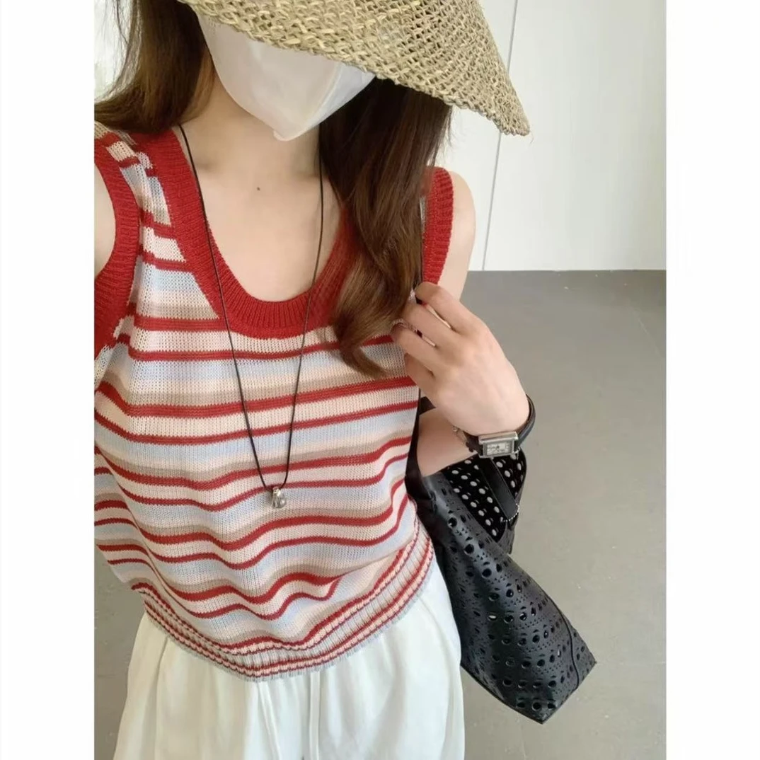 韩系红色条纹无袖针织吊带背心女2025夏季薄款小众别致小个子上衣