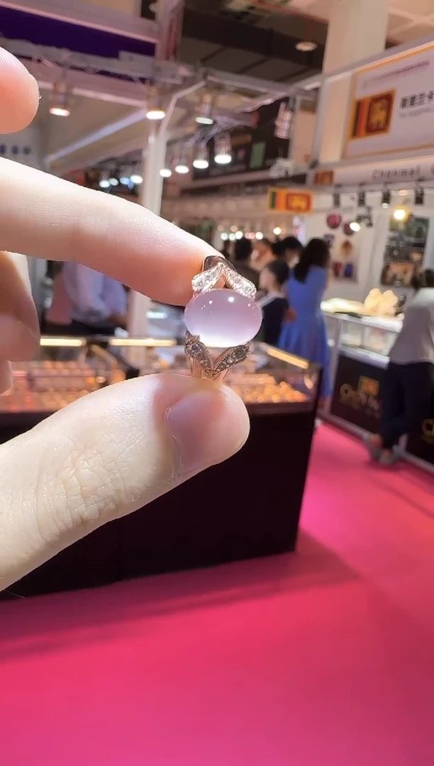银S925镶嵌戒指芙蓉石9*7mm星光粉水晶