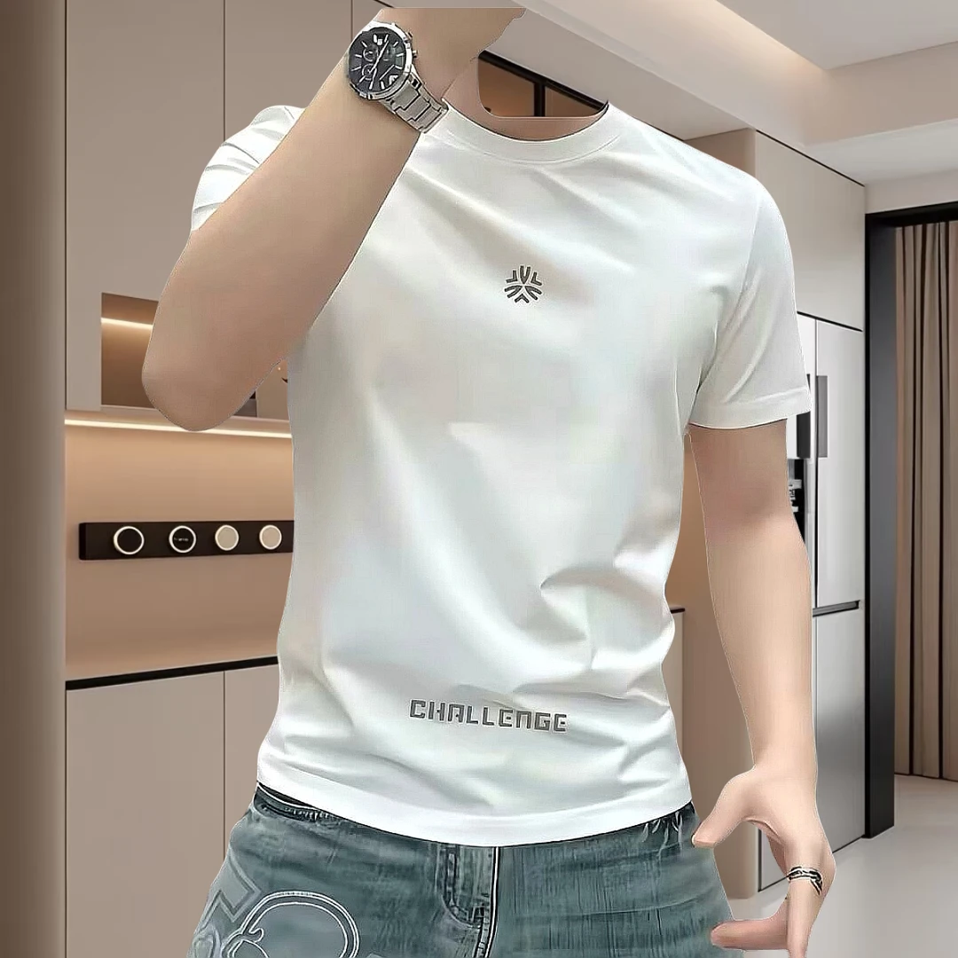 夏季休闲短袖T恤半袖短袖男t恤修身潮流简约修身白色上衣印花百搭