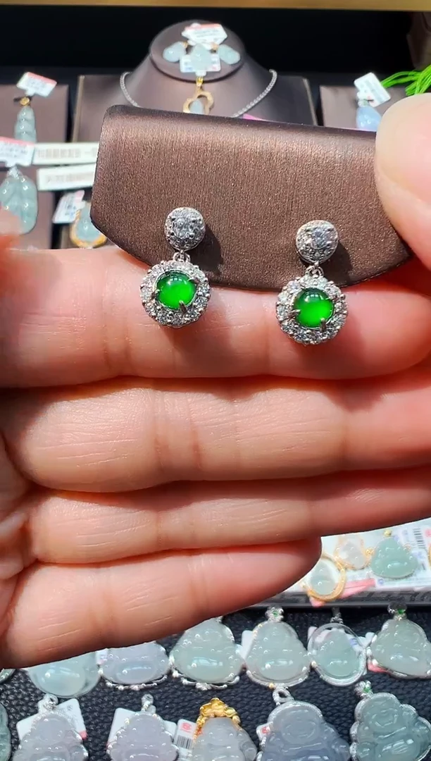 翡翠银S925镶嵌耳饰蛋面耳坠