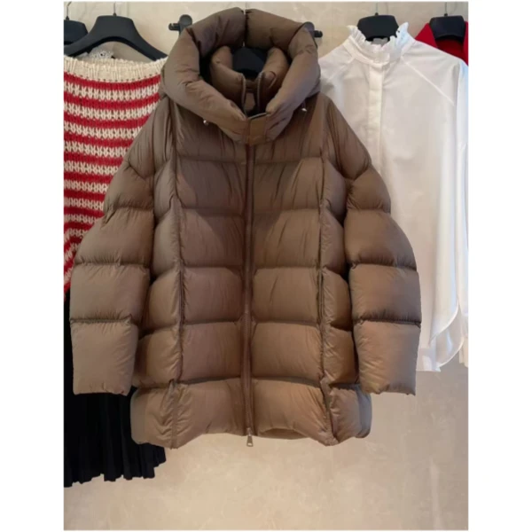 HZ咖色轻薄面包连帽拉链中长款鹅绒服外套