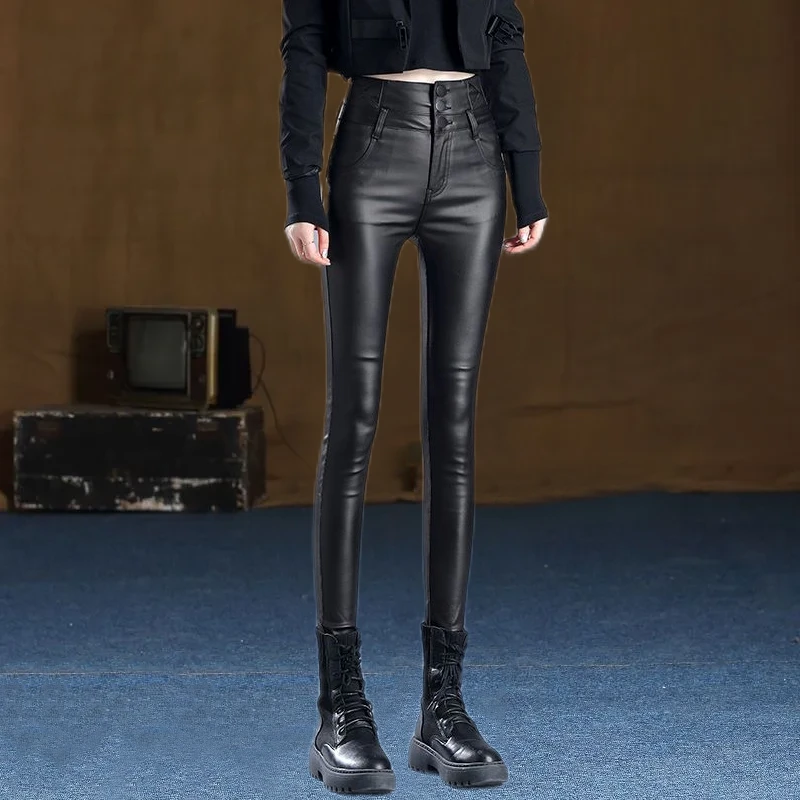 亚光皮裤女士高腰秋冬女款2025紧身显瘦小脚外穿打底黑色紧身裤子