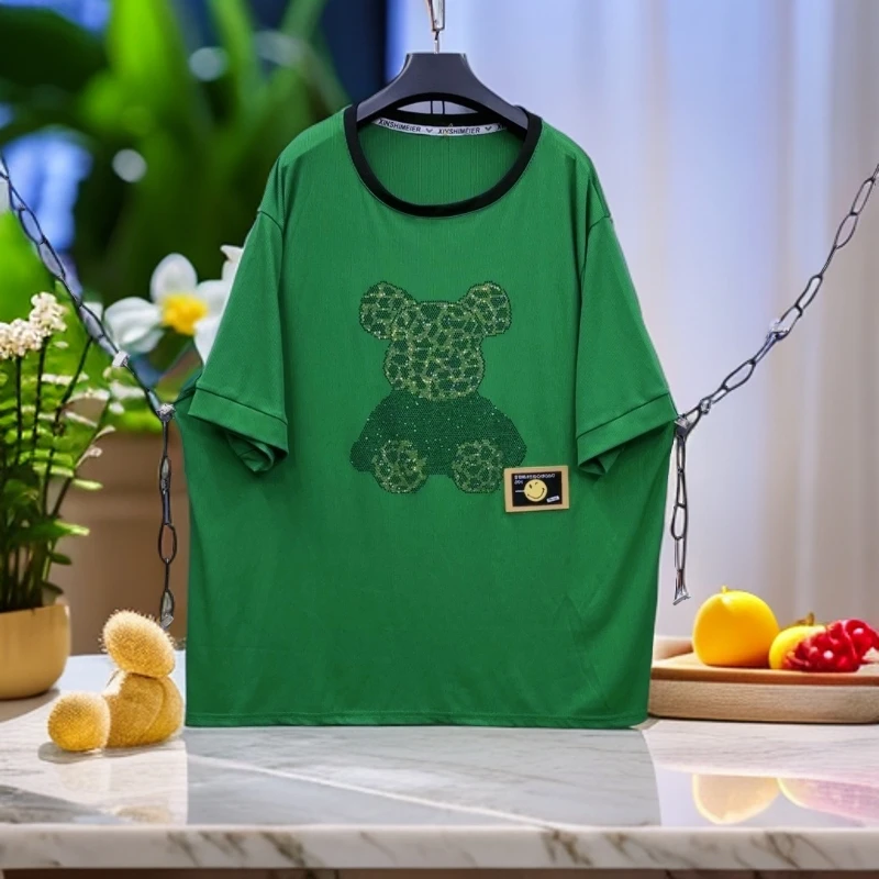 180-210斤 衣长75胸围135 高弹力钻熊贴标坑条棉T恤