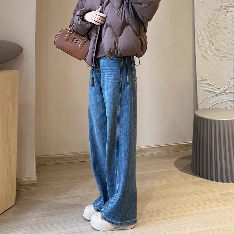 大码复古斜裁阔腿裤秋冬新款加绒加厚梨型身材高腰显瘦宽松牛仔裤