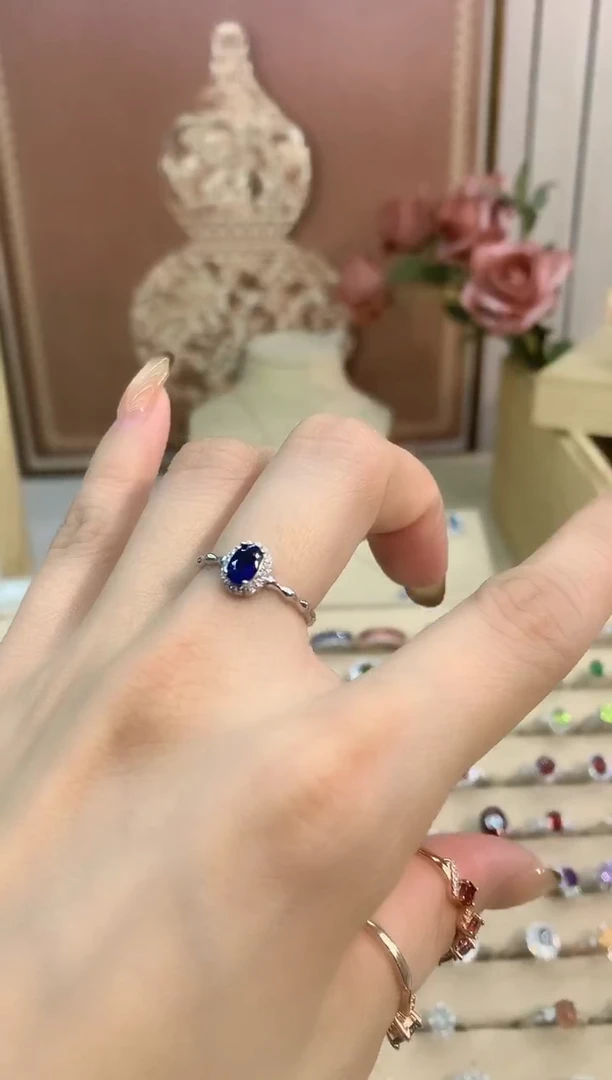 戒指蓝宝石银S925镶嵌芊荷蓝宝石戒指