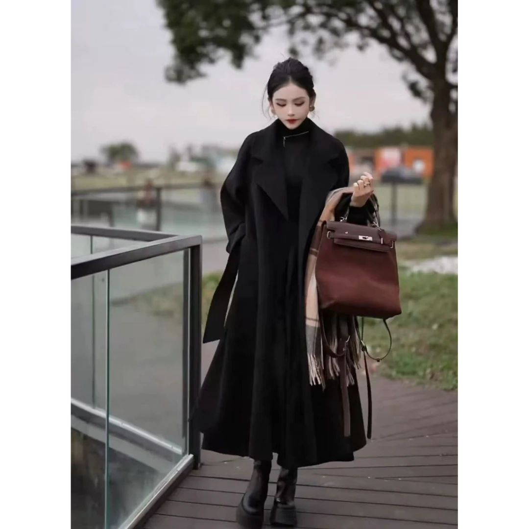 双面羊绒大衣双面毛呢外套宽松系带浴袍长款秋冬羊毛加厚9859