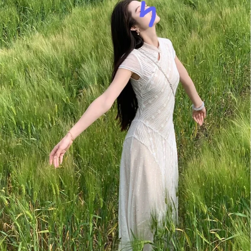 【冰蚕语】国风新中式条纹提花裙优雅气质朦胧性感收腰显瘦旗袍 041