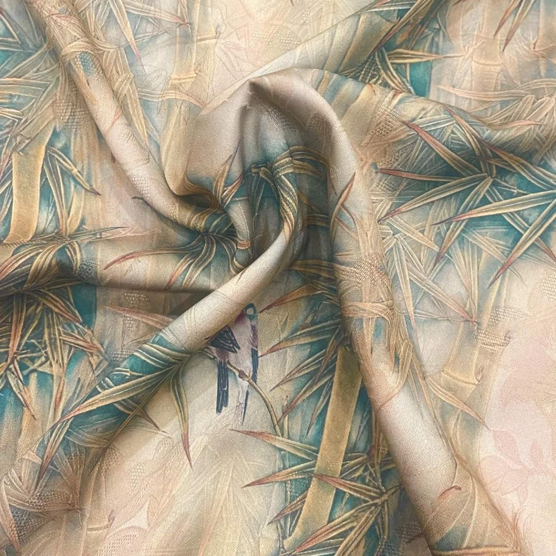 【66】竹影红云纱提花面料