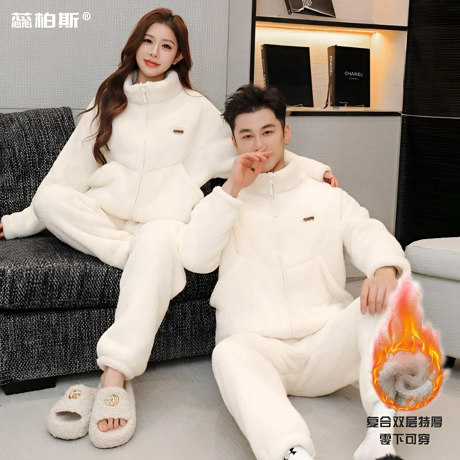 9099【加加厚零下可穿】情侣休闲家居服大口袋毛绒宽松保暖套装T