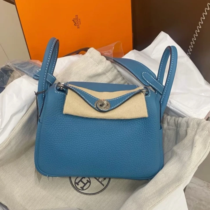 99新 Hermes/爱马仕 小花6枫Lindy Mini 新牛仔蓝TC皮 B刻 银扣包