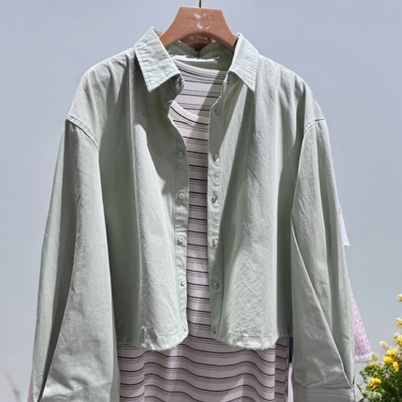 薄荷绿宽松长袖衬衫外套女夏季韩版设计感