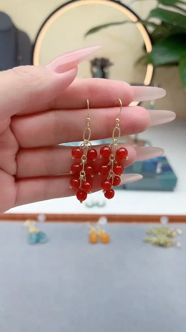 银S925镶嵌耳饰玛瑙/玉髓00红色葡萄款