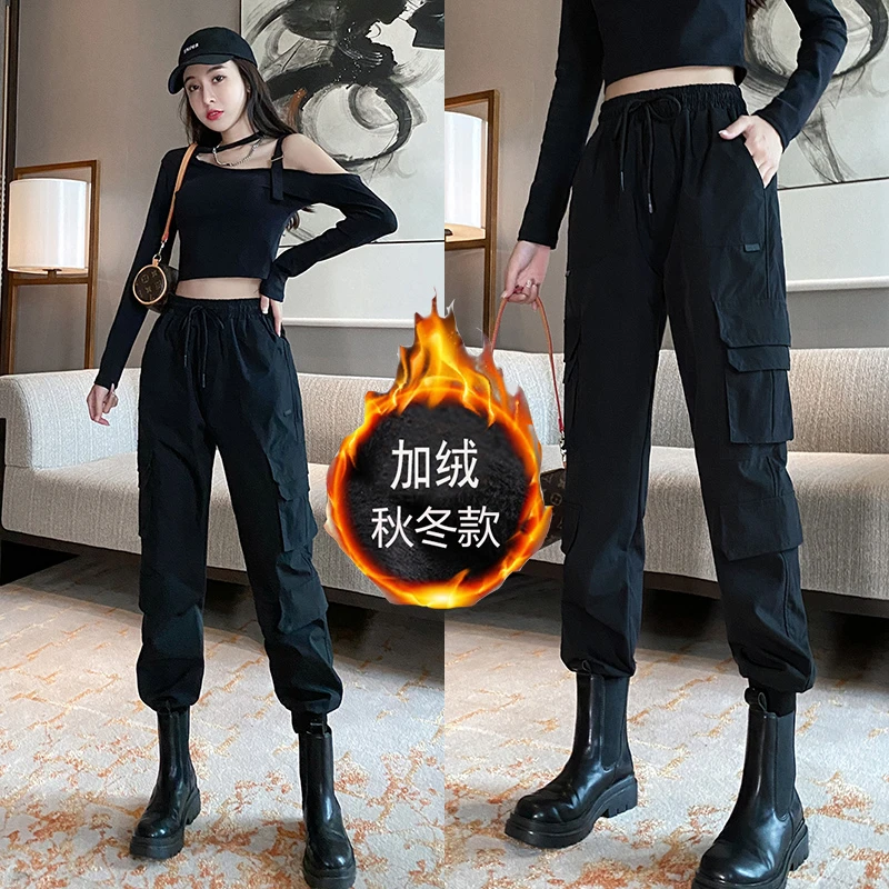 冬款高腰工装裤女冬季加绒松紧腰春秋休闲运动宽松束脚阔腿裤子潮