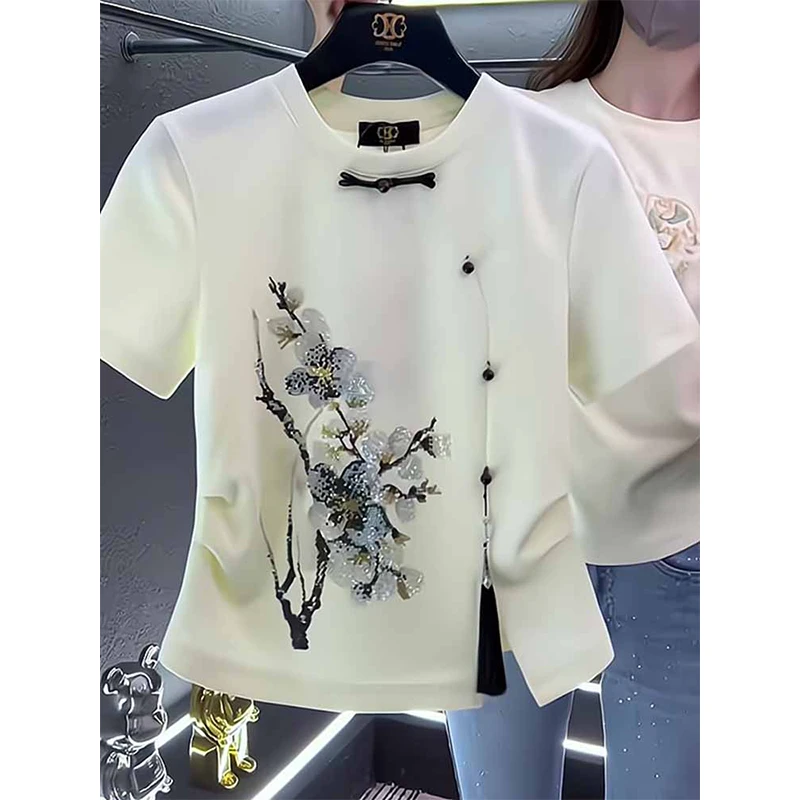 欧货重磅夏季梅花刺绣钉珠短袖T恤女2025年新款修身收腰洋气上衣
