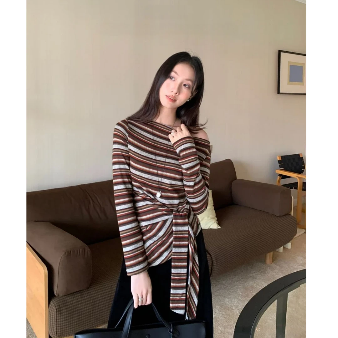 复古风韩系不规则绑带早秋松弛感撞色一字肩条纹女长袖T恤打底衫