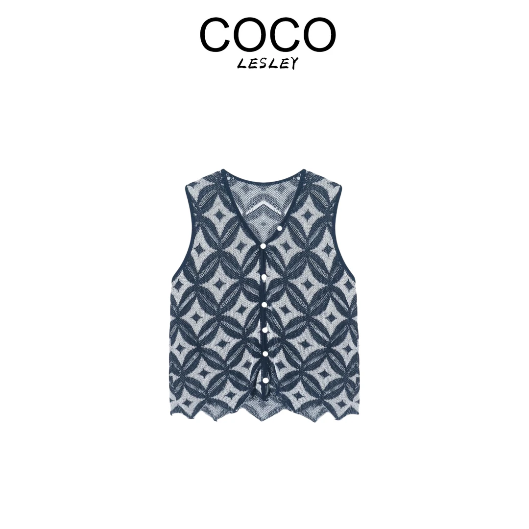 【COCO LESLEY】天丝亚麻不规则下摆几何提花无袖针织衫msl513