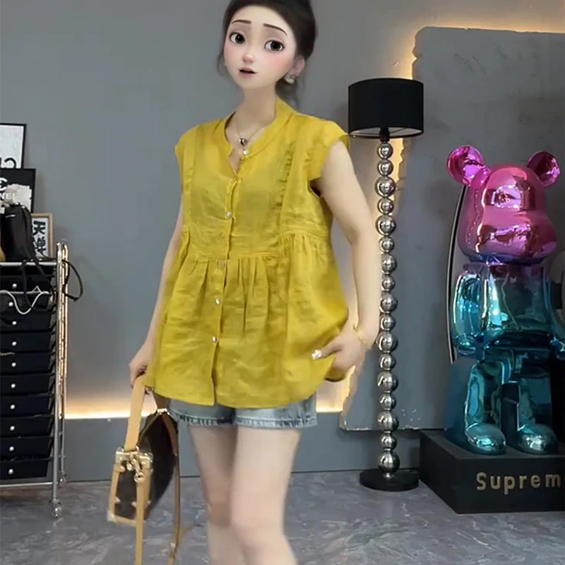 2025夏季新款宽松百搭显瘦气质洋气款减龄麻衫女遮肉显瘦休闲衬衫