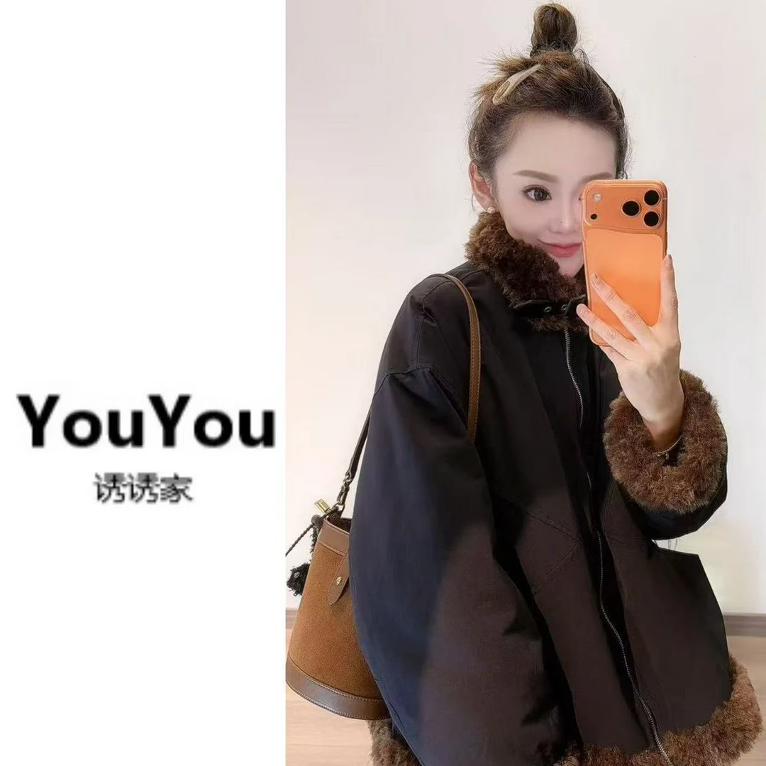 韩系工装风拼接毛毛保暖派克羽绒外套