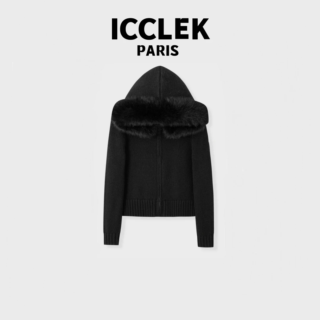 XY 黑色连帽毛茸茸长袖针织衫气质轻奢名媛减龄百搭外套-3568