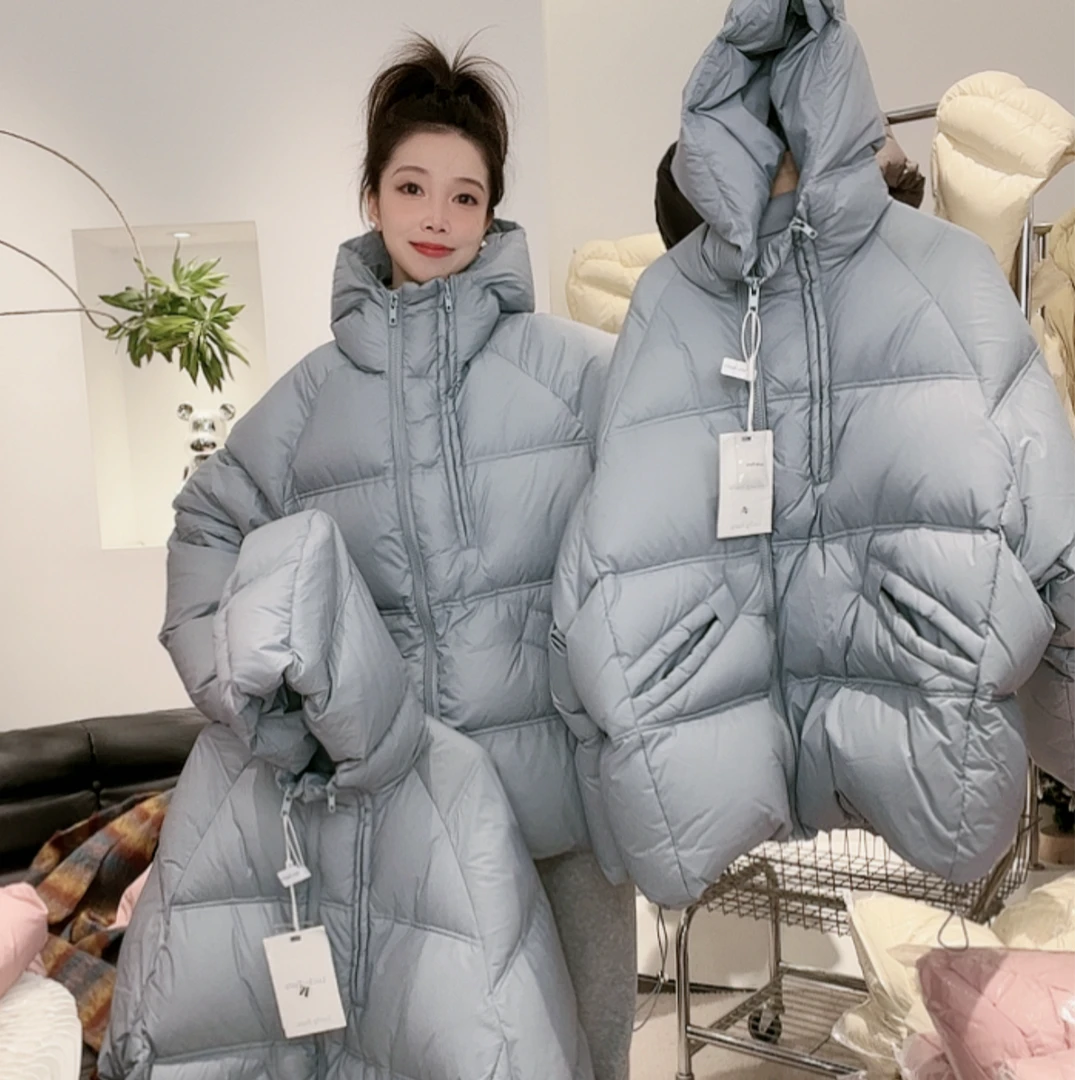 连帽双拉链加厚羽绒服女中长款2024年冬新款纯色洋气白鸭绒外套