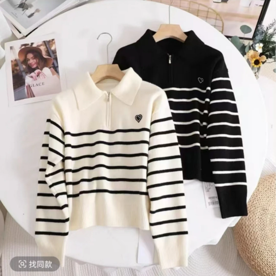 2024秋冬新款爱心毛衣大码宽松POLO领刺绣针织衫条纹甜美套头上衣