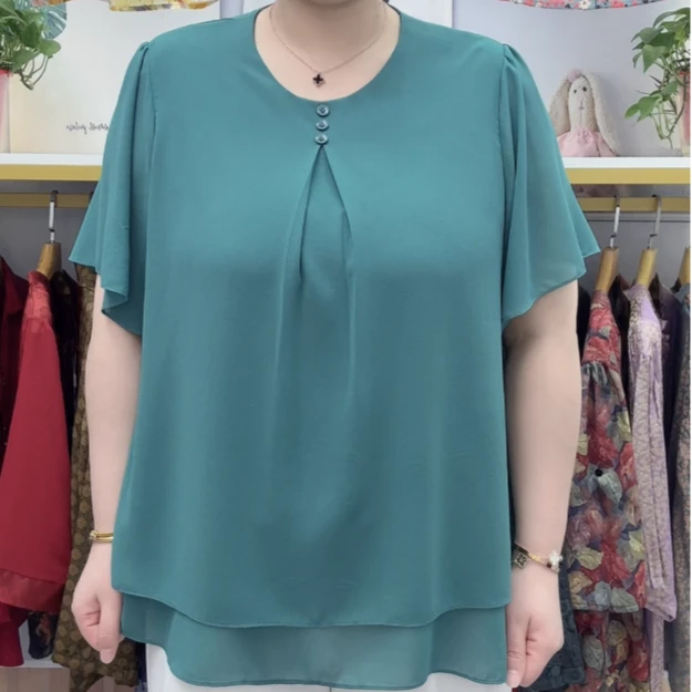 882净色圆领三粒扣短袖套头衬衫