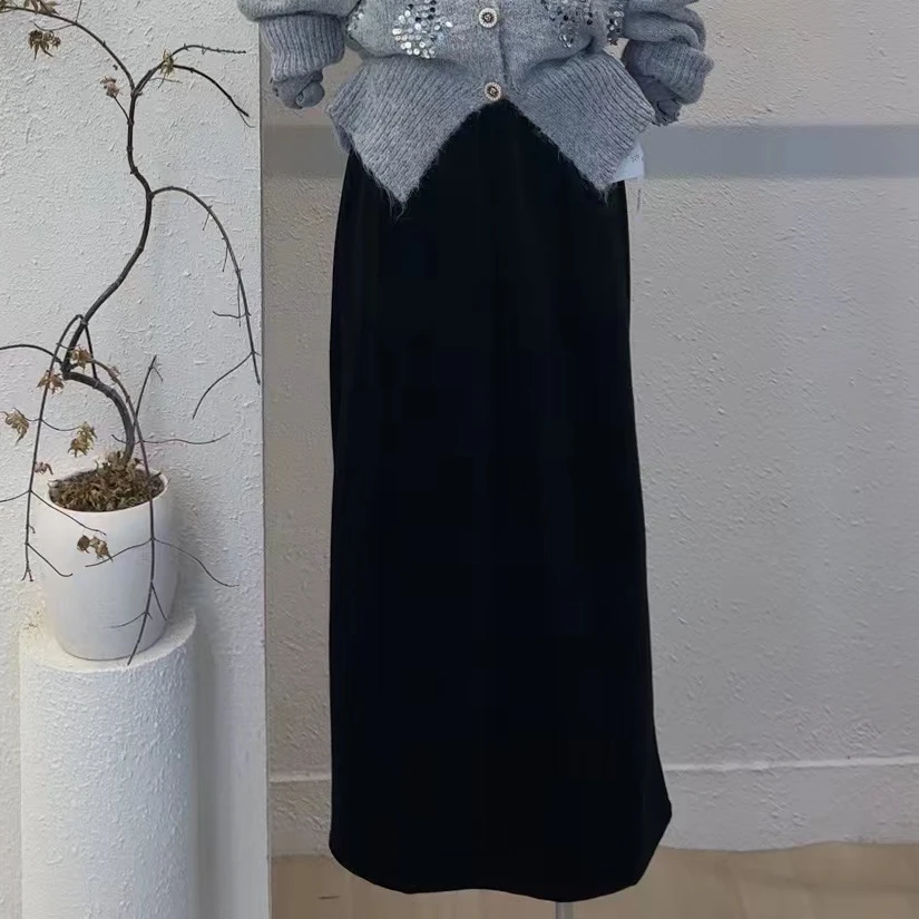 【月光独奏】丝绒直筒后开叉半裙-8908（加绒）