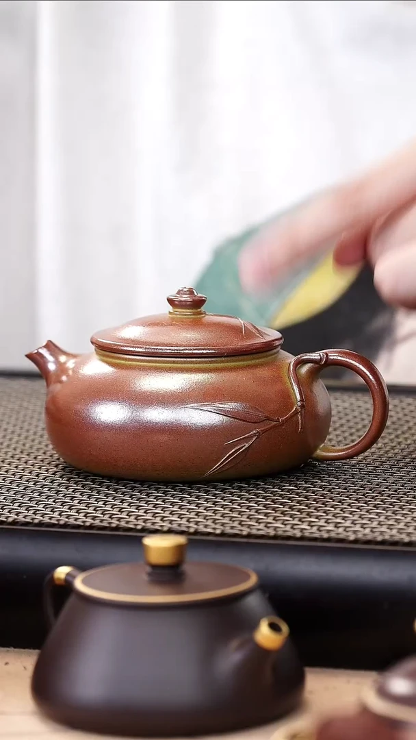 茶壶紫砂高温段泥超精工贴叶寒江170cc
