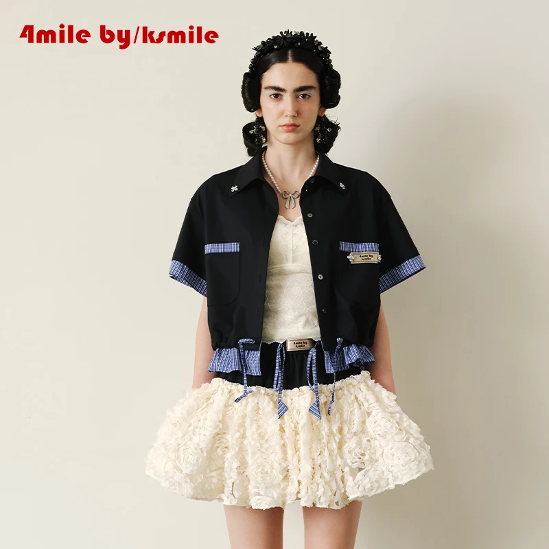 4MILE BY KSMILE | 贝壳海军miu系藏青色拼格纹衬衫短裙学院套装