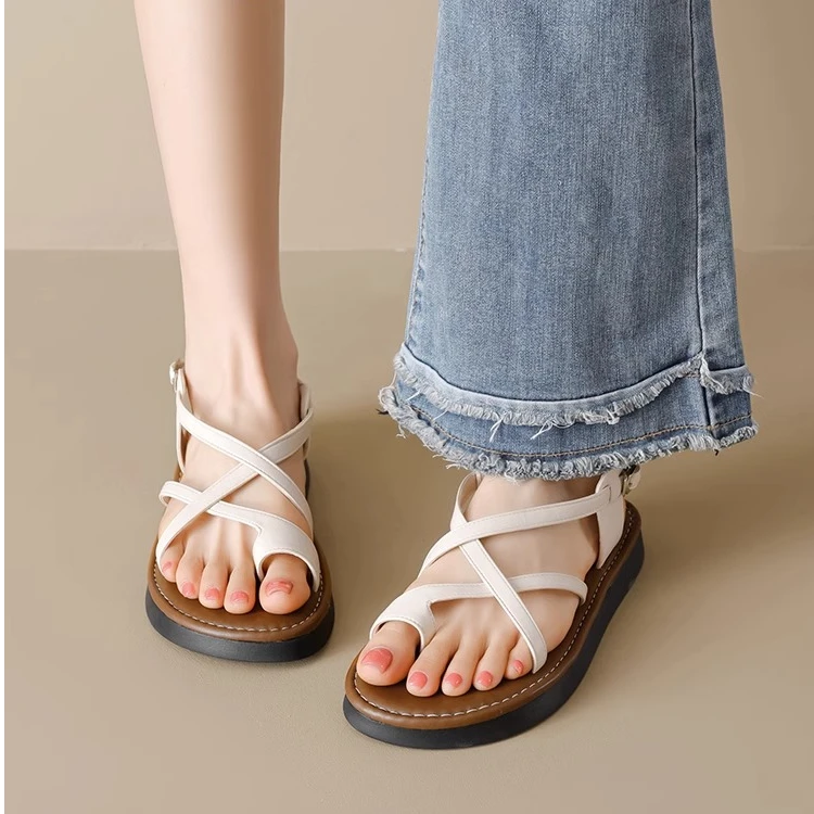 三福同款罗马假日~复古交叉带套趾厚底沙滩罗马凉鞋女休闲外穿
