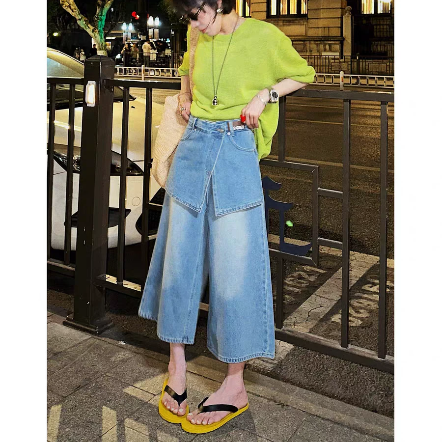 【奥莉】2025春夏：百搭假两件拼接阔腿高腰显瘦八分裤6828