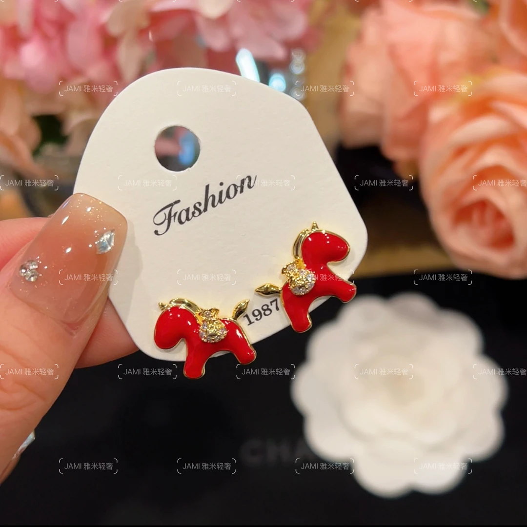 镀K金 Jami 新年红色小马轻奢耳环法式复古小众喜庆