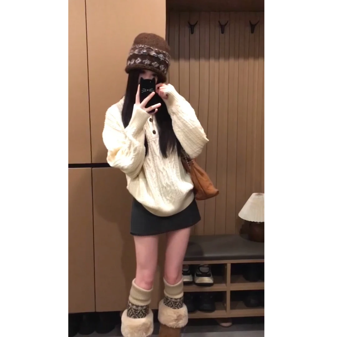 麻花慵懒毛衣套头长袖针织衫上衣灰色低腰半身裙花边辣妹短裙套装