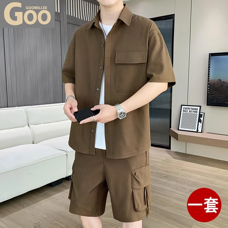 高端冰丝休闲运动套装男士夏季潮流帅气七分袖工装短裤搭配两件套